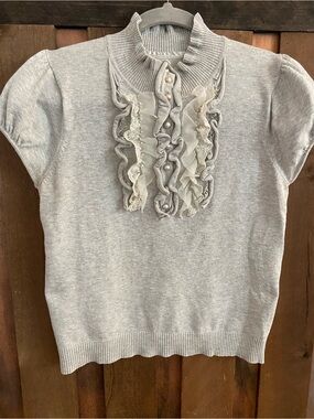 Nick and Mo Light Gray Ruffle Pearl Accent Short Sleeve Sweater